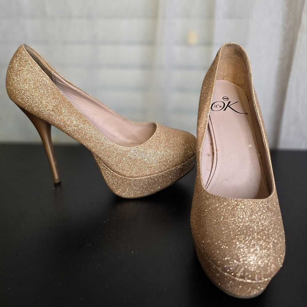 Rose G Glitter Stilettos Platform High Pumps W/Gold 6in Heels Party Shoes Size 9